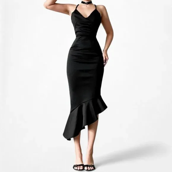 Black Cowl Neck Halter Bodycon Ruffle Midi Cocktail Formal Dress Size 2/XS